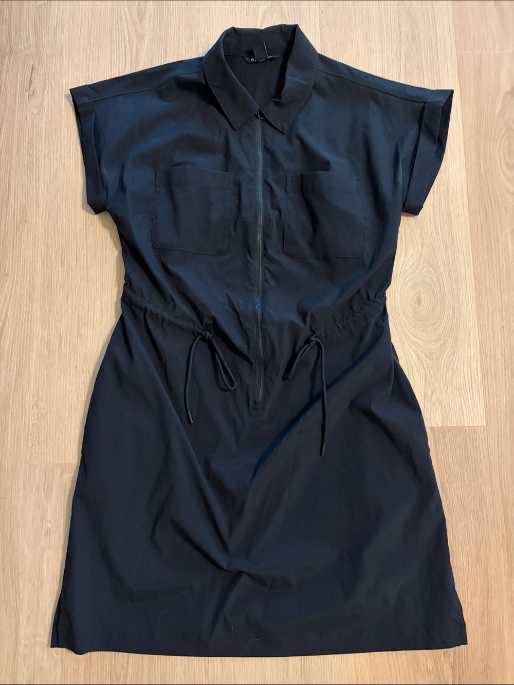 Athleta Black Zip-Front Drawstring Shirt Dress